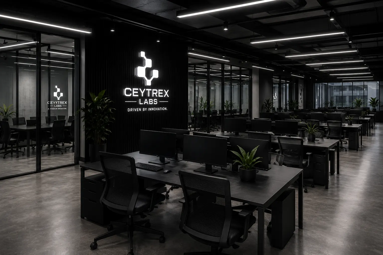 Ceytrex Labs open workspace with branded wall
